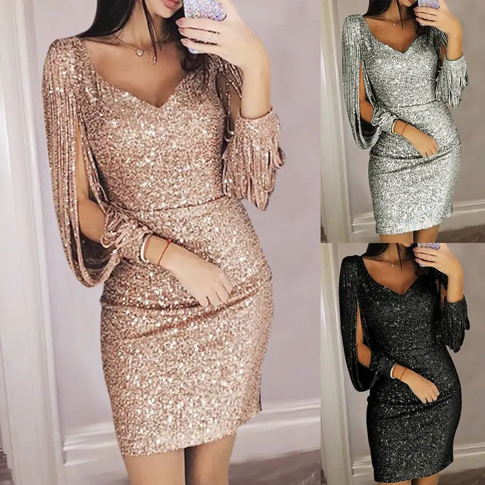 Женское мини платье с блестками элегантное облегающее длинным рукавом v образным