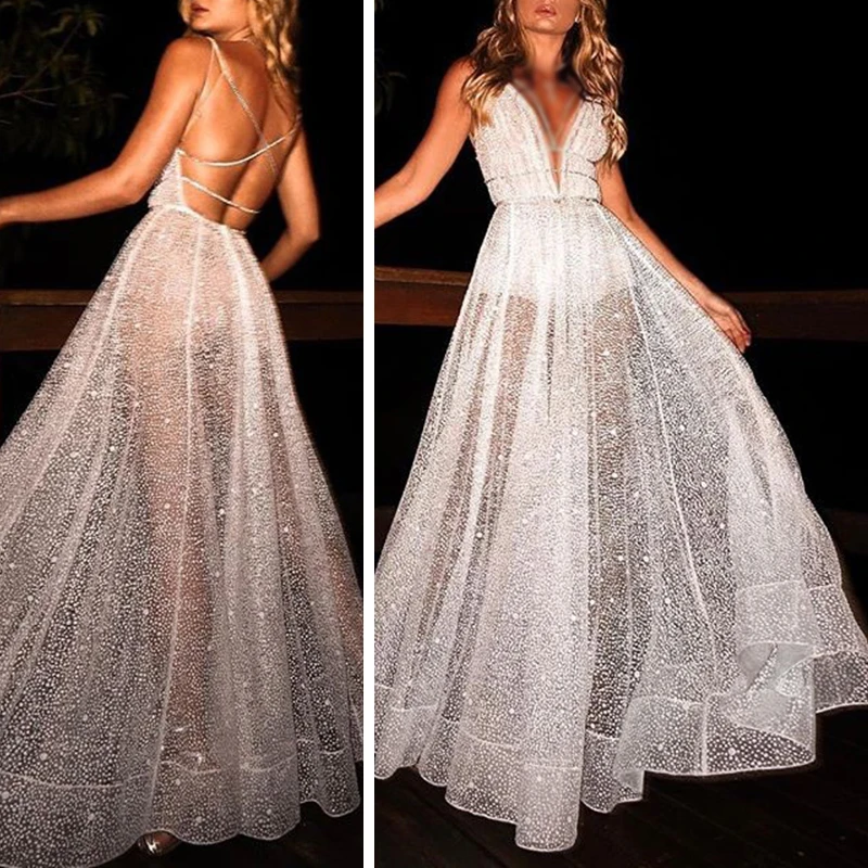 Женское длинное платье на бретелях с открытой спиной без рукавов прозрачное