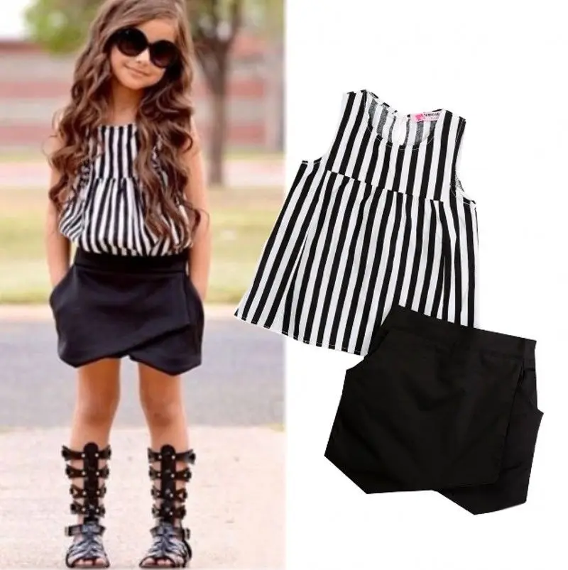 

Pudcoco Girl Set 2Y-7Y Fashion Toddler Kids Girls Striped Tops Shirt Puffy Shorts Outfits Set Clothes