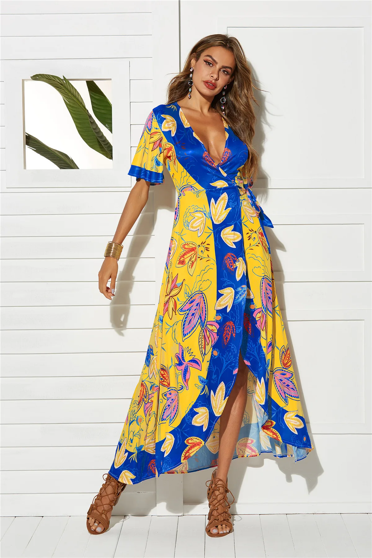 Summer Dress Short Sleeve Women Split Beach Sexy V-neck Flower Printed Bandage Long Vestido | Женская одежда