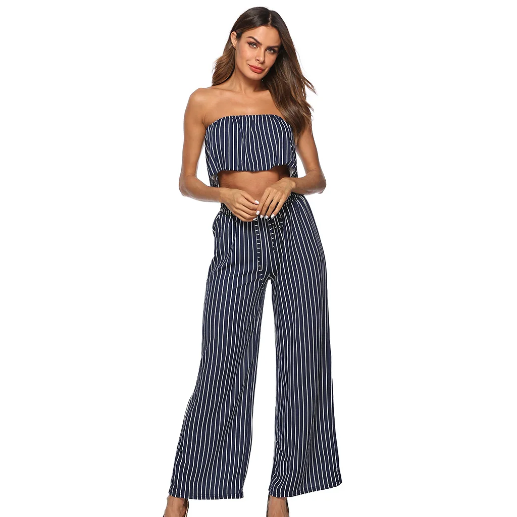 Сексуальный комплект с широкими штанинами укороченный топ и штаны полосатые