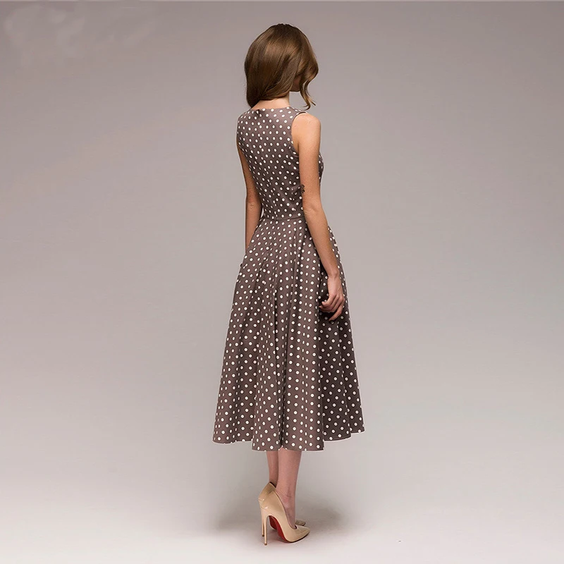 Gentillove Vintage Dress Summer Sleeveless O-neck Vestidos Dot Printing Mid-Calf Casual Elegant Female A-line Dresses | Женская одежда