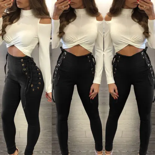 Womens Long Slim Solid High Waist Black Khaki Pants Trousers | Женская одежда
