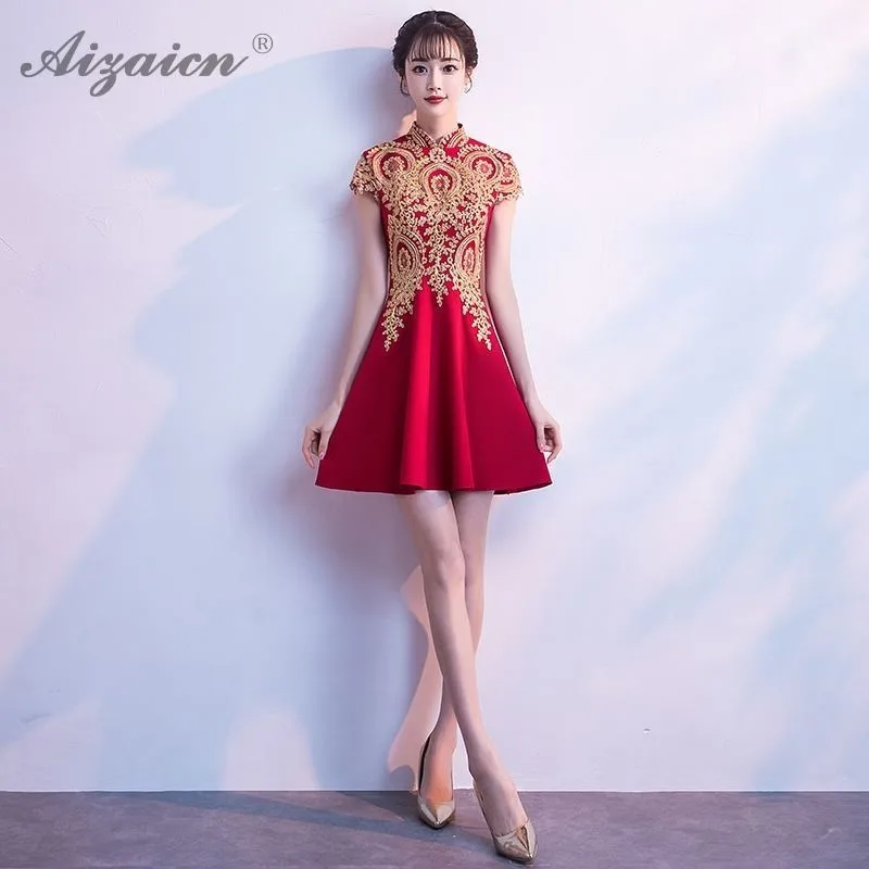 

Red Traditional Chinese Wedding Dress Qipao Women Robe Rouge Fashion Girls Cheongsam Cotton A-line Plus Size Evening Dresses