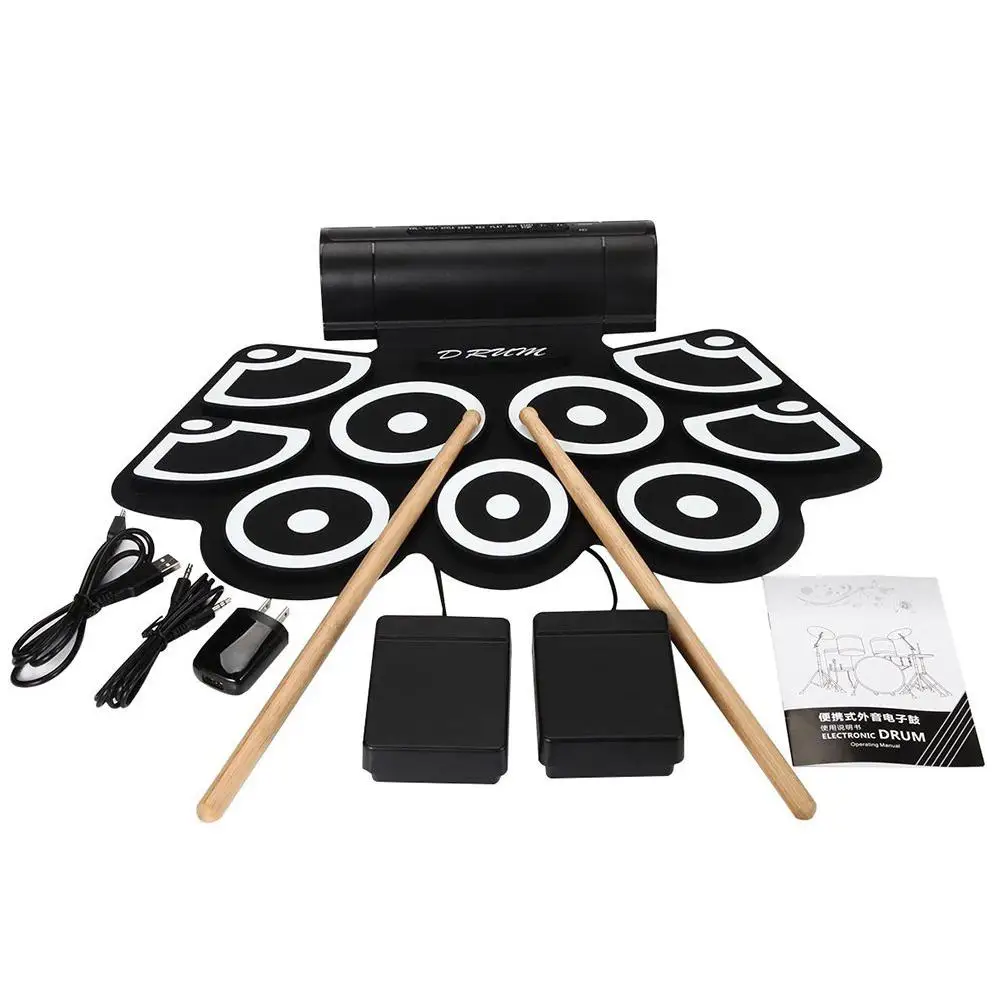

Портативный Электрический барабан, набор 9 силиконовых подушек, USB набор электронных ударных палочек, ножная педаль, аудиокабель, инструмен...