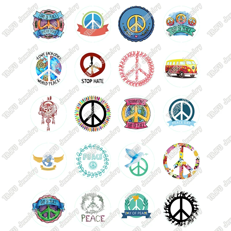 

40pcs/lot 10mm 12mm 14mm 16mm Round Peace Sign Pattern Glass Cabochon for DIY Jewelry Making Findings & Components T040