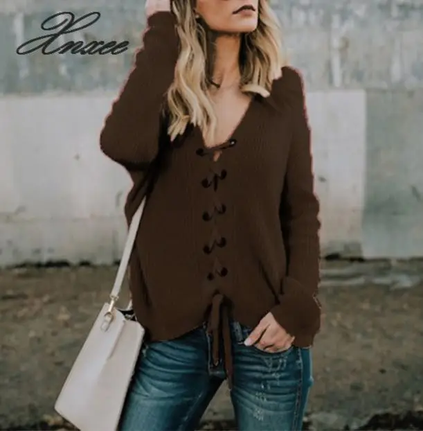 

Women Sweater Deep V Neck Long Sleeve Tops Solid Color Pullover Ladie Sexy Bandage Fashion Lace-Up Sweater Oversized
