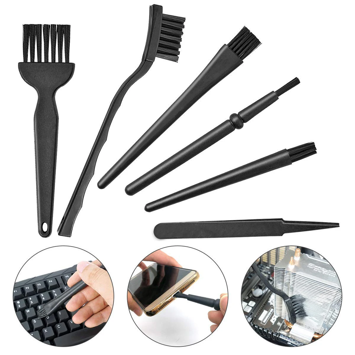 

Hot Sale 6 in 1 Plastic Small Portable Handle Nylon Anti Static Brushes Cleaning Keyboard Brush Kit, Black (Zip Bag )