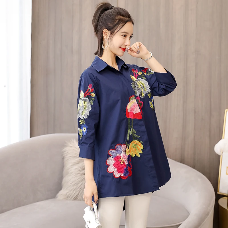 2019 New Spring Women Shirts Lantern Sleeve After Shortfore Long Blouse Shirt White Navy 5650
