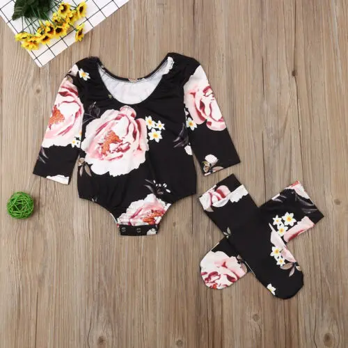 

US Newborn Baby Girls Jumpsuit Bodysuit Socks 2Pcs Outfit Set Clothes New