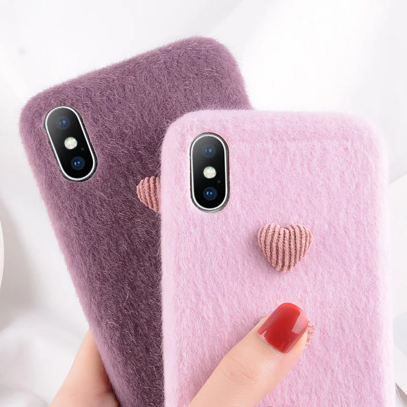 Moskado Plush 3D Love Heart Case For iPhone 6 6S 7 8 Plus X XR XS Max Winter Warm Fur Furry Soft PU Phone |
