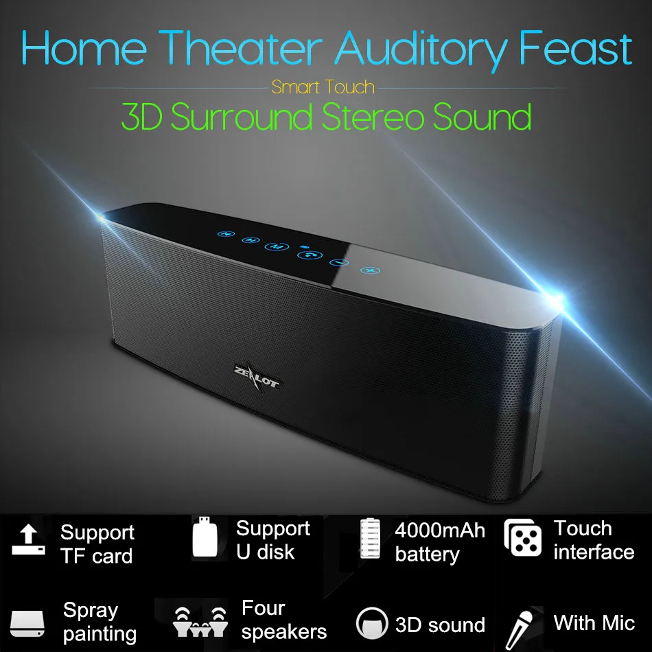 Zealot S12 объемный стерео bluetooth динамик 4 драйвера наружная Колонка 12 Вт сабвуфер с