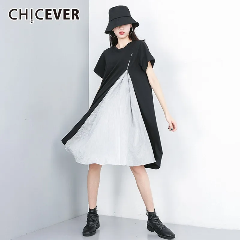 CHICEVER летнее лоскутное Полосатое женское платье пуловер с круглым вырезом и