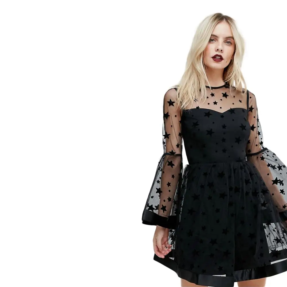MINSUNDA/черные вечерние платья с принтом со звездами и рукавами воланами женское