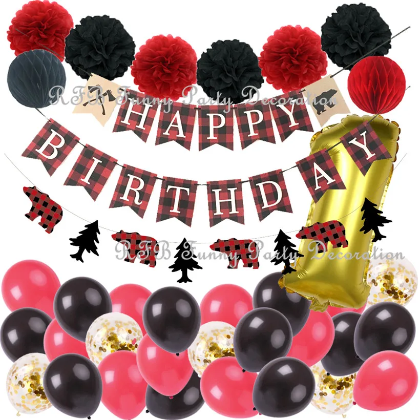 

Lumberjack Party Happy Birthday&Woodland Bear Banner Paper Balls Tassel Garland for Camping Birthday Party Wedding Decorations