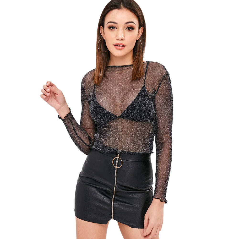 Прозрачный блестящий топ VESTLINDA приталенная Сексуальная футболка с длинным