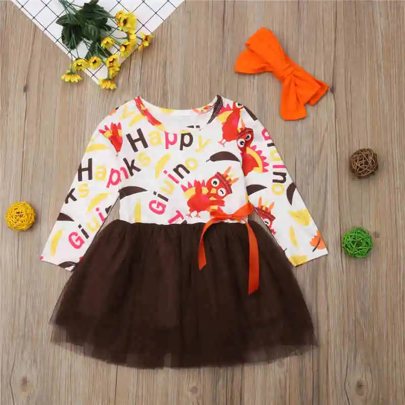 Happy Thanksgiving Toddler Kids Baby Girls Dress Autumn Letter Patchwork Long Sleeve Turkey Party Tutu Lace Dresses Headband | Детская