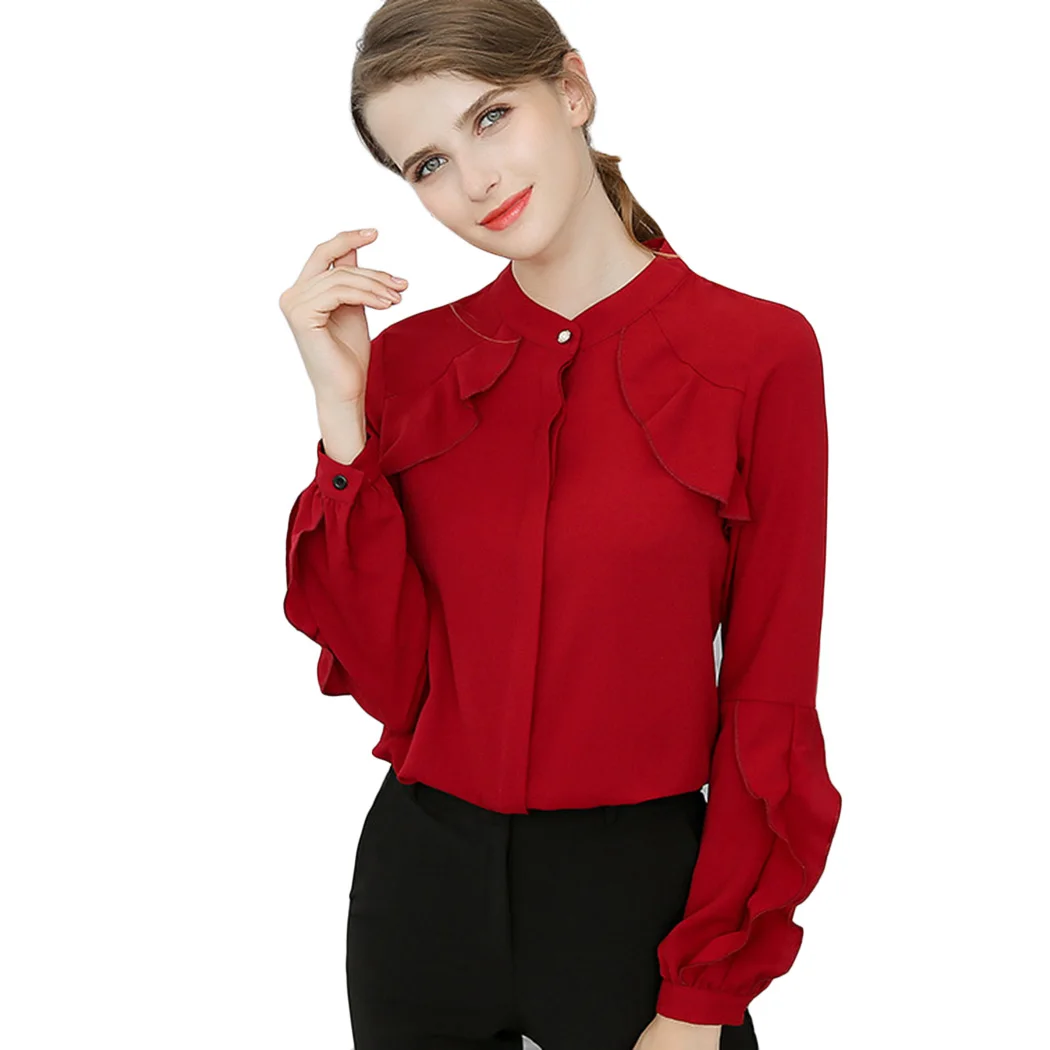 Элегантные блузы из шифона с воланами для женщин, модные офисные рубашки, летние топы с длинными рукавами однотонные туники "Блузы Он"