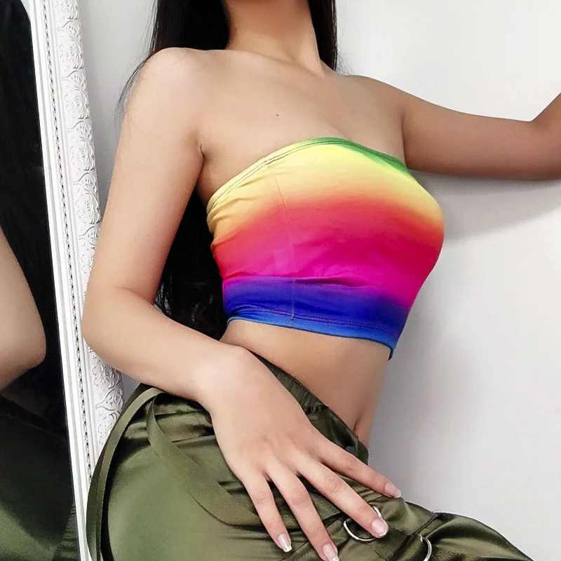 Летний Радужный Полосатый Топ без бретелек женская сексуальная уличная одежда с