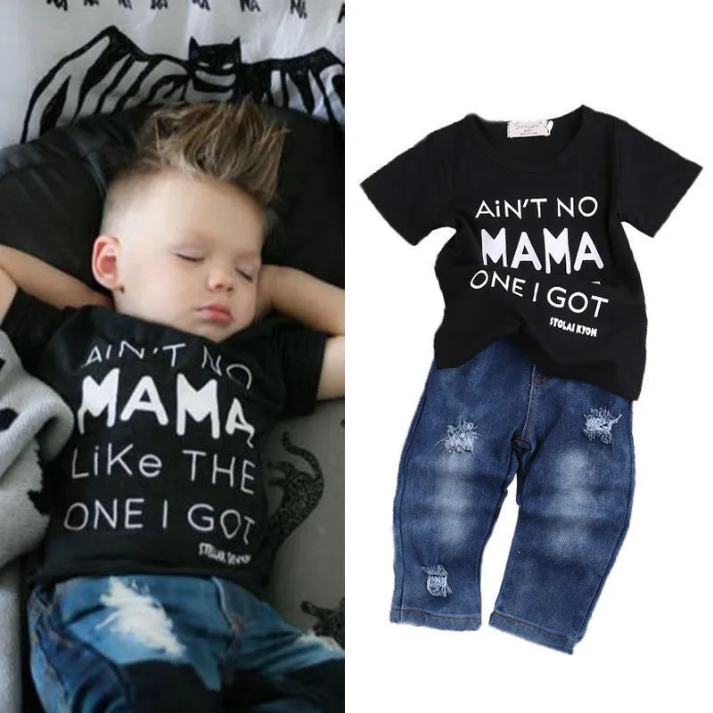 Baby Girls Clothes Set 2pc/Set Black Short Sleeves Tshirt Letter T-Shirt Tops Blue Jeans Long Cowboys Pants New Born Outfit | Детская