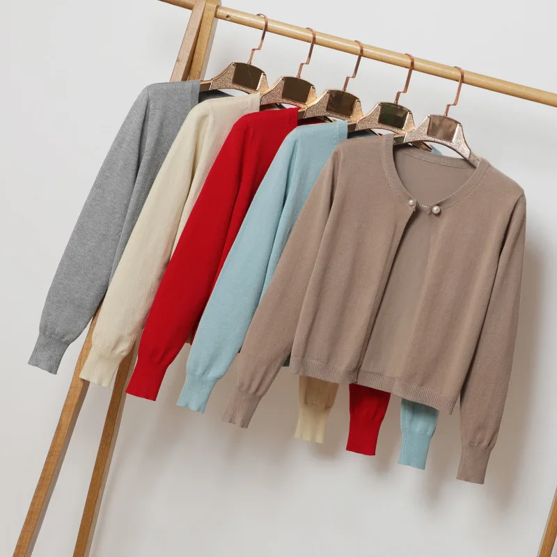 Queechalle Short Knitted Cardigan Coat Women 2021 Spring Autumn Fashion Chain Button Long Sleeve Sweater Female Loose Tops |