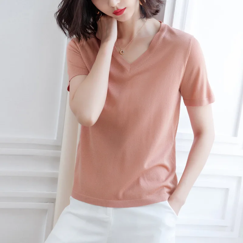 Женская трикотажная футболка с коротким рукавом свободная тонкая лето 2019 |