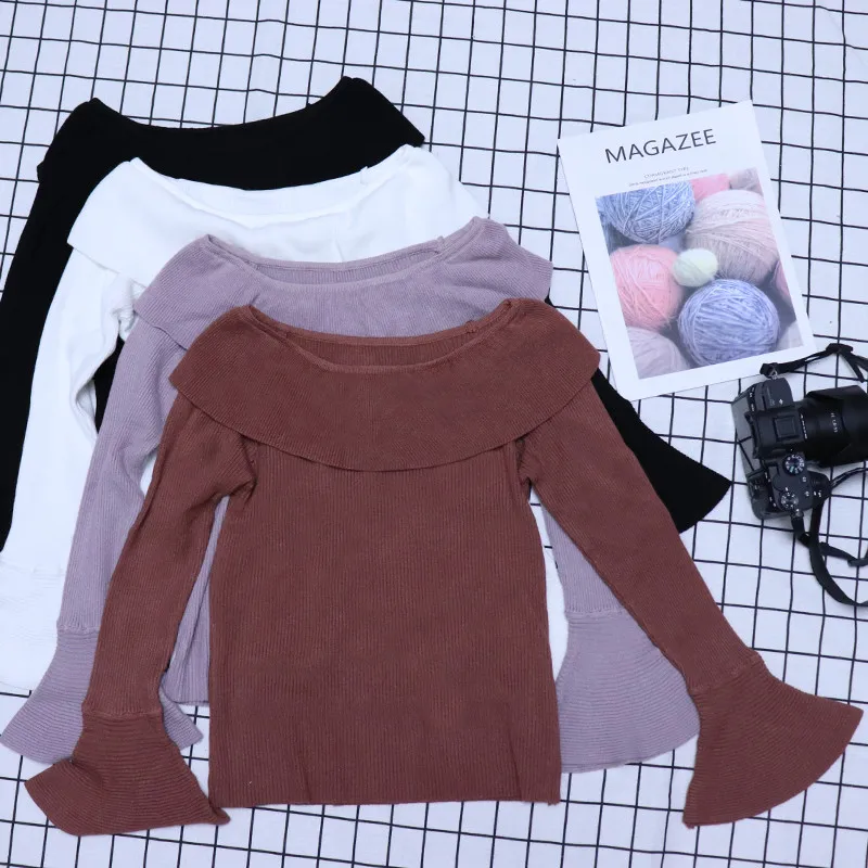 2019 осень и зима новый женский вязаный свитер Мода одно слово воротник