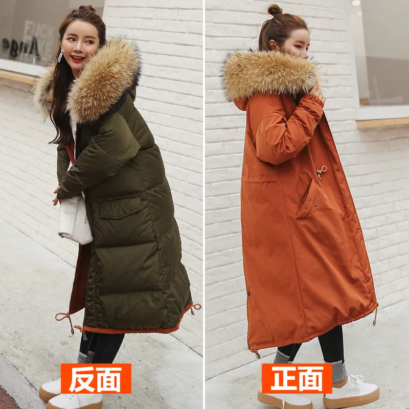 Two Side Wear Raccoon Fur Collar Outwear 2019 Winter Jacket Women Quilted Coat Long Plus Size Thick Warm Hooded Parka Oke127 | Женская