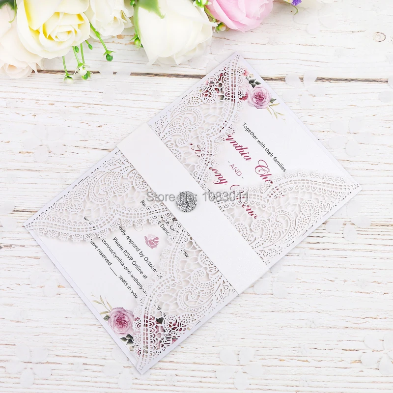 

PONATIA New 20 PCS Laser Cut Invitations Card With Rhinestone Belt (White)