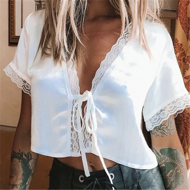 Женская кружевная шелковая блузка белая Повседневная Блузка с коротким