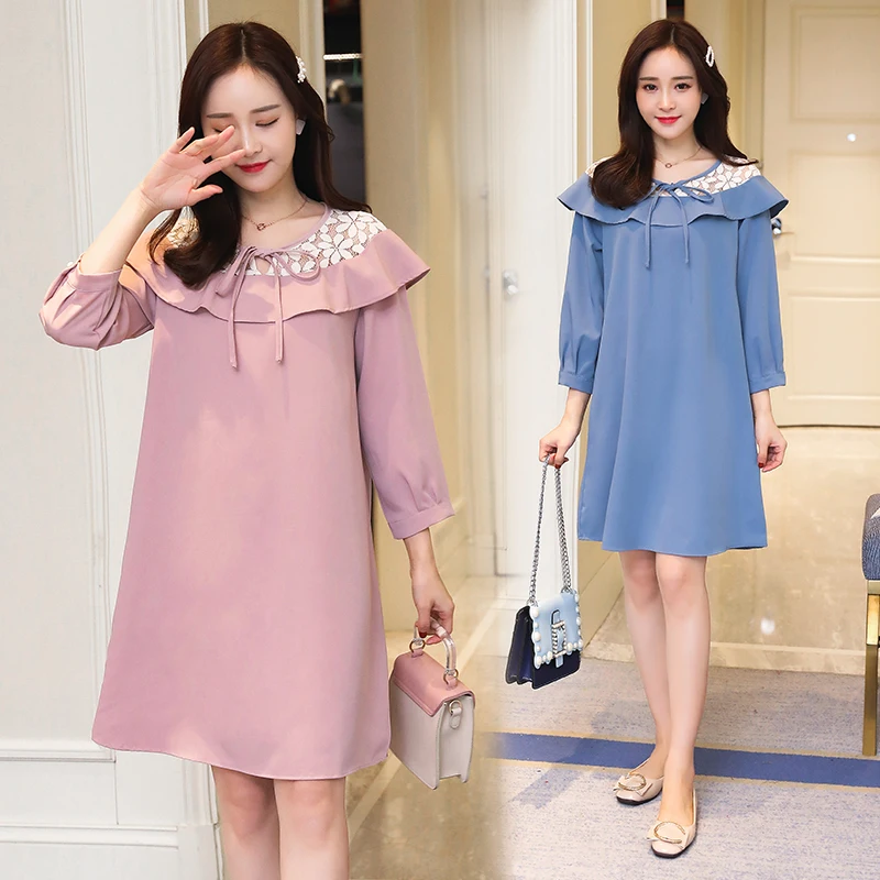 Wholesale 2020 spring new maternity fashion loose mini dress three quarter sleeve lace patchwork pregnant woman chiffon | Мать и ребенок