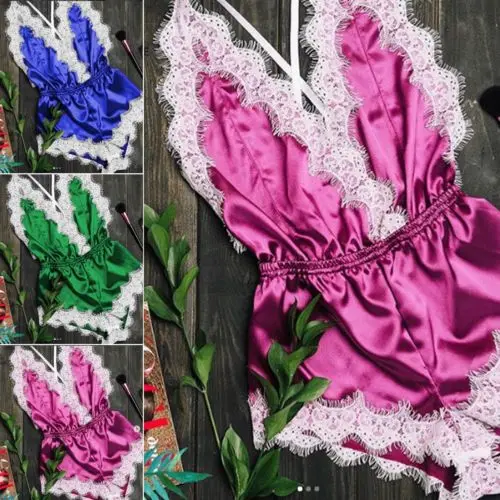 2019 Women Lingerie Deep V Neck Lace Sexy Jumpsuit Babydoll Blue Green Pink Sleepwear Underwear Bodysuit | Женская одежда