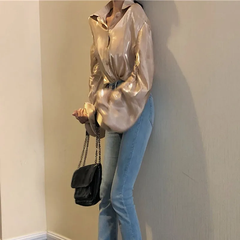 VGH Autumn Women's Shirts Blouse Tops Female Lapel Puff Sleeve Single Breasted Gold Blouses Women 2018 Fashion Korean New |