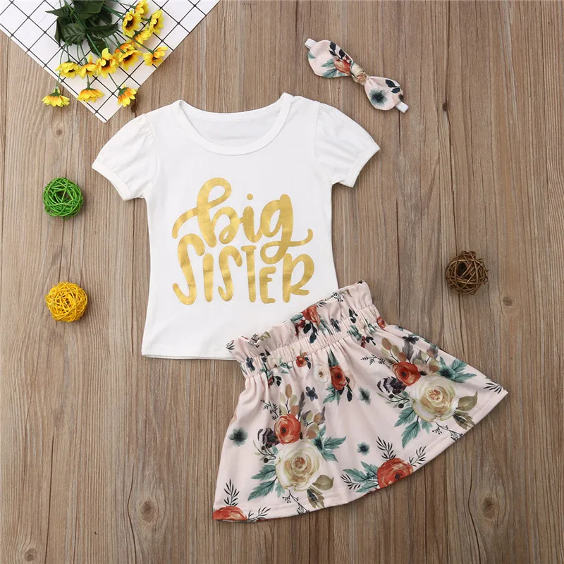 2019 Cute Kids Baby Girl Big/Little Sisters Matching Summer Sets Letter Tops+Floral Pants+Hat+Headband 3/4Pcs Outfits 0-6Y | Мать и