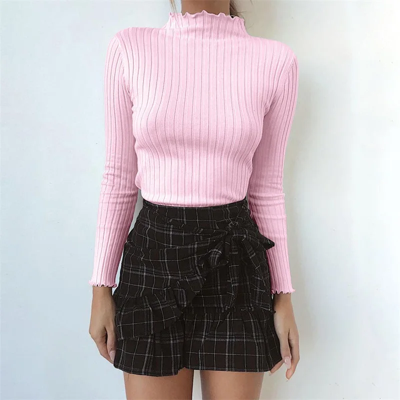 New Fashion Women Knitted Sweater Top Cotton Rib Slim Fit Jumper Pink White Winter Spring Ladies Solid Color Pullover Sweaters | Женская