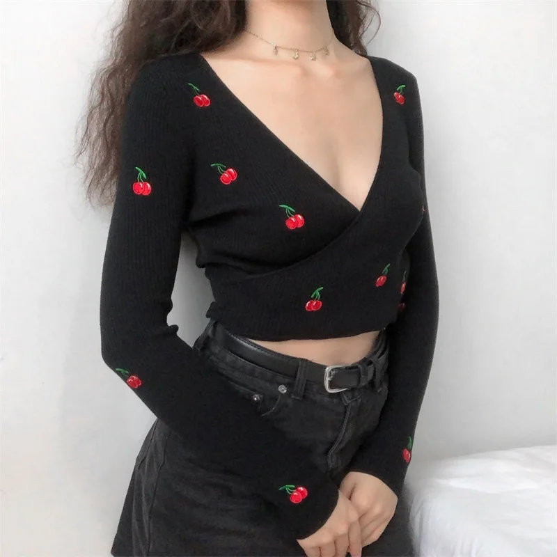 Vintage Cherry Embroidery Short Knitted Sweater Sexy Crossing V Neck Long Sleeve Women Pullovers Autumn Winter | Женская одежда