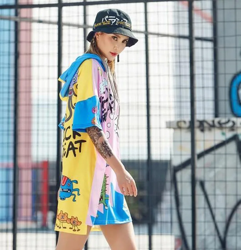 Vefadisa Graffiti Printing Hooded Dress Women Short Sleeve Drop-Shoulder T-Shirt Irregular Mini Split Tops ZLD785 | Женская одежда