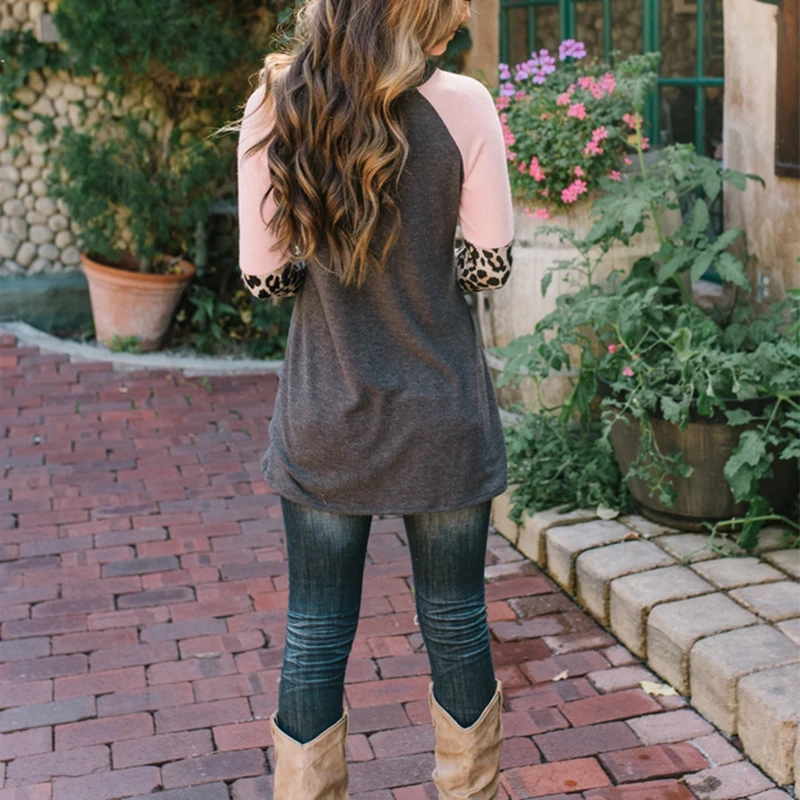 

New 2019 Women's Leopard Print Long Sleeves Crew Neck shirt Loose Blouse Tee Shirt Tops