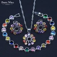 silver color costume jewelry set flower colorful multicolor stones earrings necklace pendant bracelet