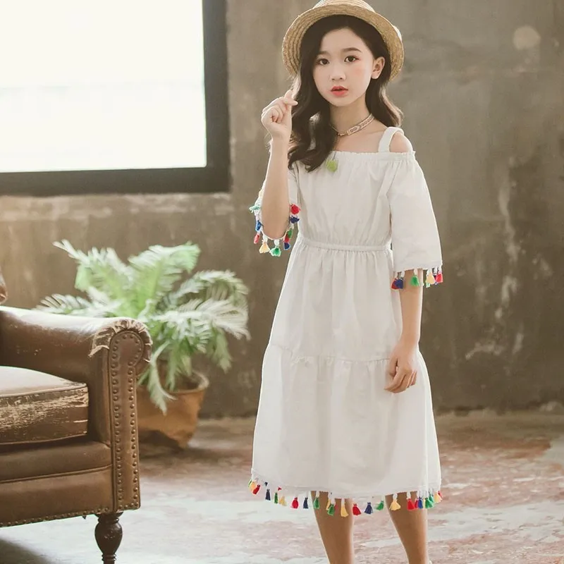 Tassel Teenage Girls Dress Kids Formal Wear Princess 100% Cotton Summer Beach Dresses Maxi Long White Yellow 2019 | Детская одежда и