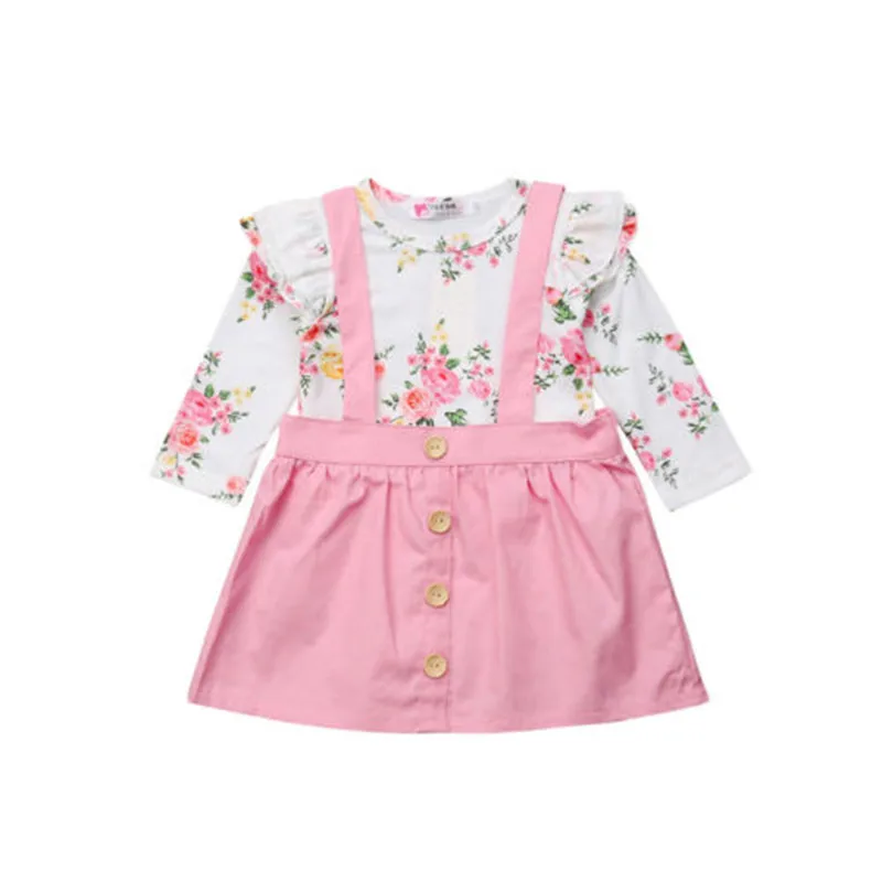 Kids Girl Dress Baby Clothes 2PCS Newborn Princess Outfit Set Pink floral Clothing Bodysuit+Strap | Детская одежда и обувь