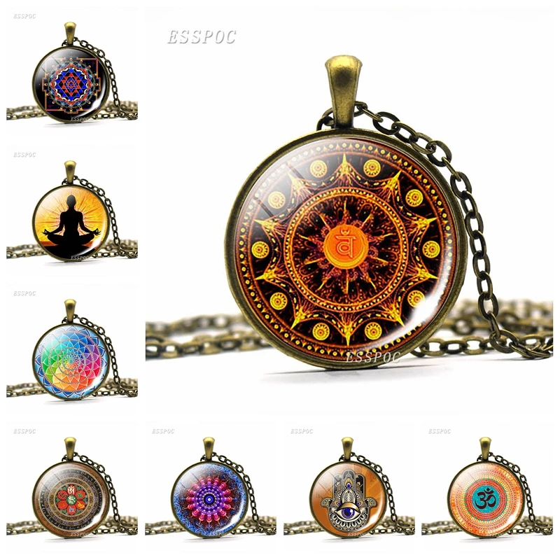 

Vintage Glass Dome Necklace Buddhism Chakra Glass Cabochon Pendant Jewelry Om India Yoga Mandala Necklaces For Women Men Gift