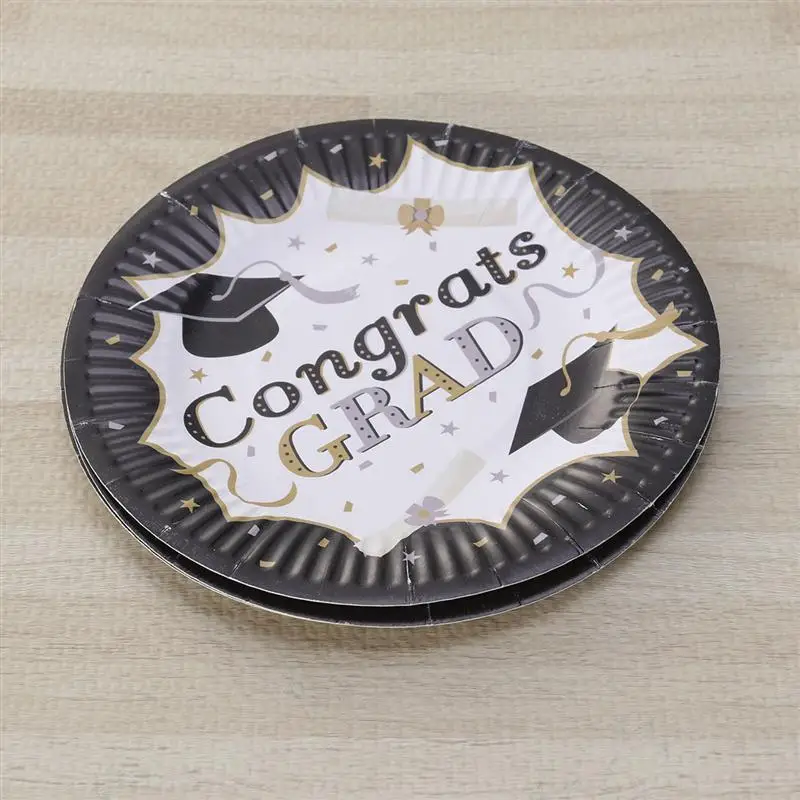 10 шт бумажных тарелок Congrats Grad одноразовые круглые черные и золотые столовые