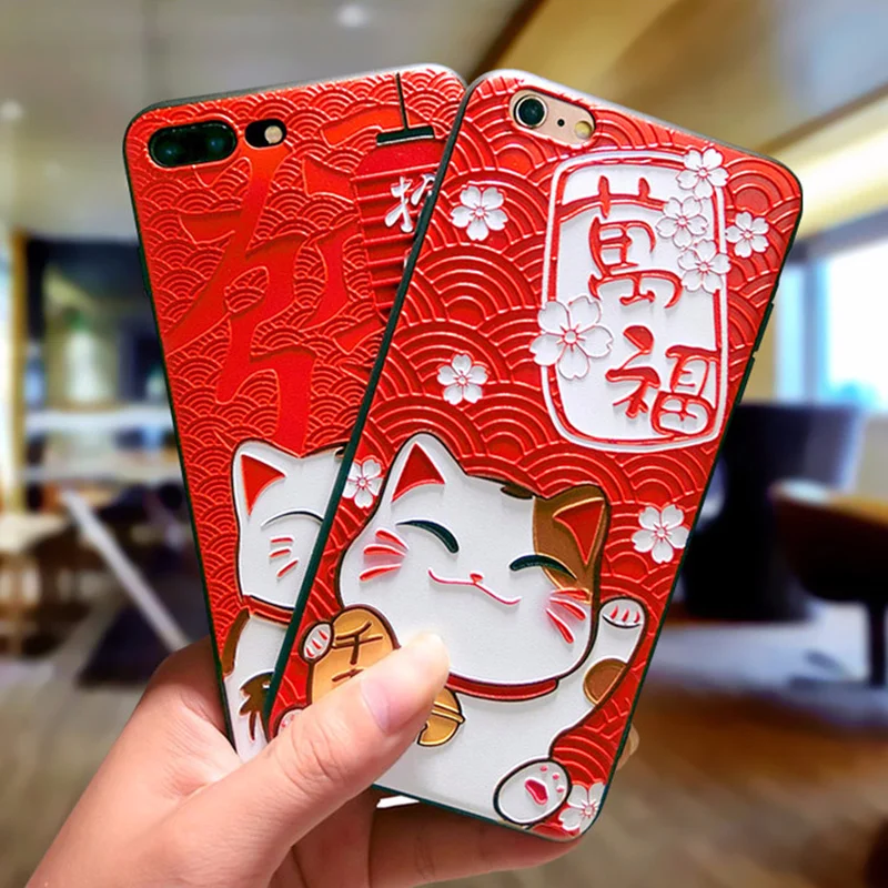 Милый Кот на удачу Emboss мягкий чехол для Iphone5 5S SE 6 6Plus 7plus 8 8Plus X 6S 6splus красный Bape