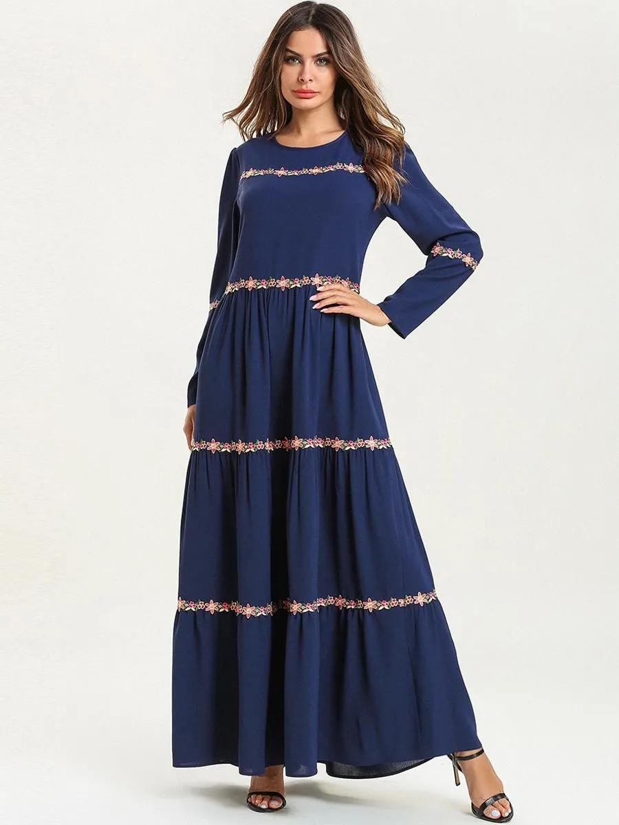 Loose Women Long Muslim Dress Round Neck Sleeve Maxi Ethnic Embroidery Ruffles Swing | Женская одежда