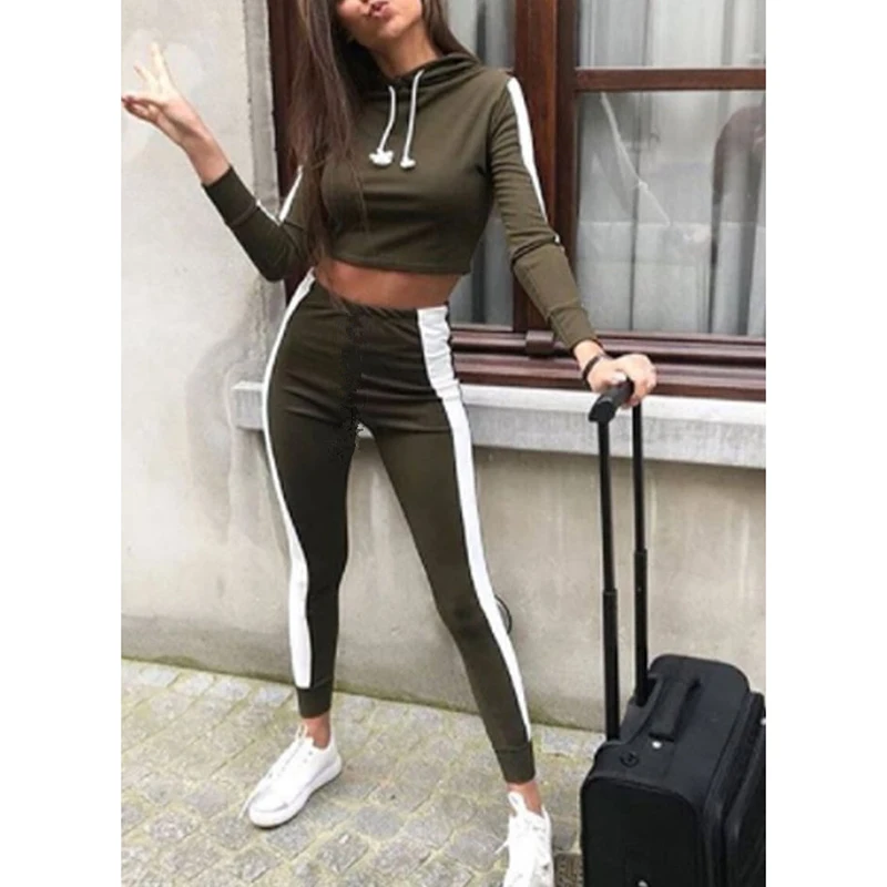 Women Tracksuit Hoodies long sleeves Crop Top Sweatshirt and Side Stripe Pants Hooded 2 Pieces Sets Suits Female | Женская одежда
