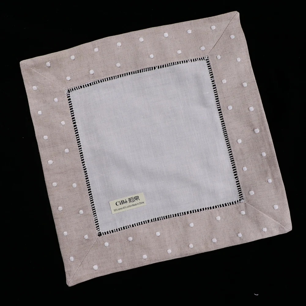 

N020 : 12 pieces White Hemstitch Tea Napkins with oatmeal border - 55/45 Ramie Cotton Blend Ladder Hemstitch table linen