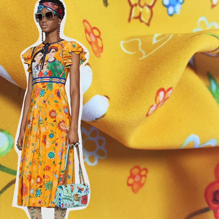 

2018 spring and summer catwalk big print orange hand-painted girl flower print cloth dress shirt clothing fabric African fabric
