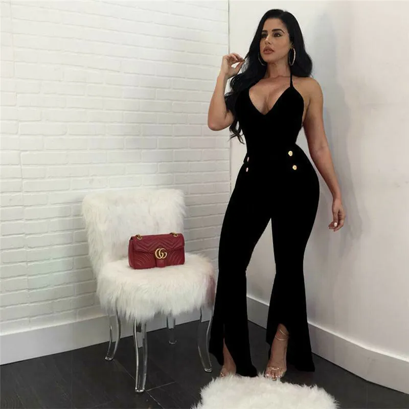 

Women rompers jumpsuits 2019 bandage fashion sexy sleeveless Deep V Club Solid holiday playsuits flare pants slim XXL Summer set