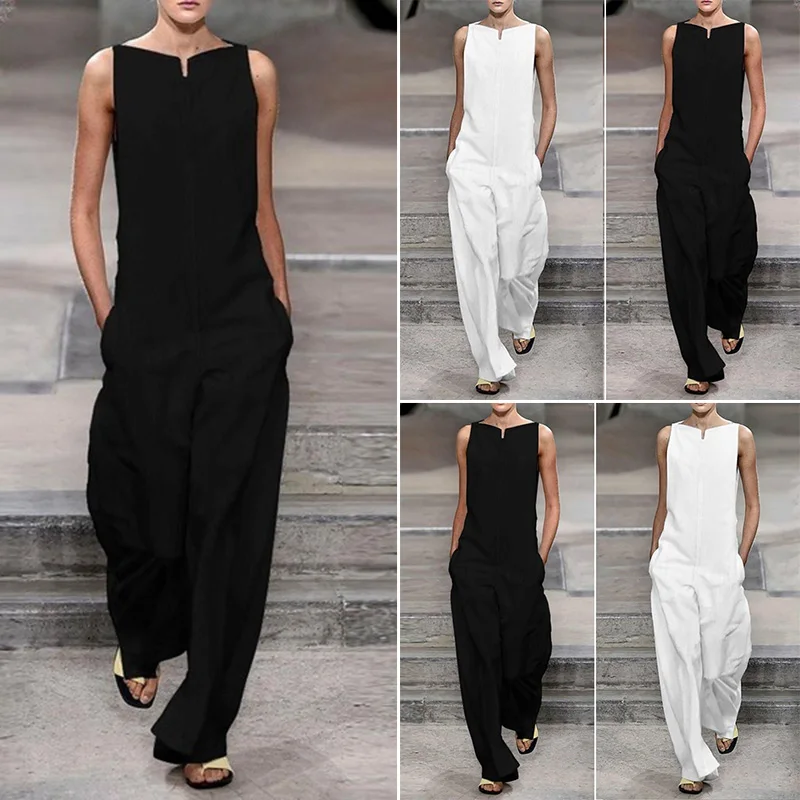 Женский комбинезон без рукавов с карманами вырезом лодочкой свободный